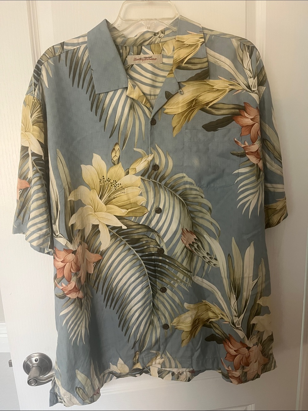 Tommy Bahama Blue Tropical Floral Camp Shirt with Yellow & Pink Accents